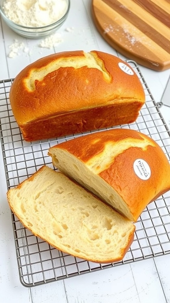 Homemade Sourdough Sandwich Bread Recipe Two loaves of homemade sourdough sandwich bread cooling on a rack, with one loaf sliced to show the soft interior.